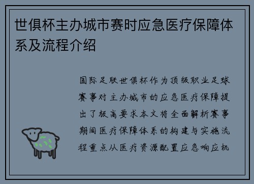 世俱杯主办城市赛时应急医疗保障体系及流程介绍
