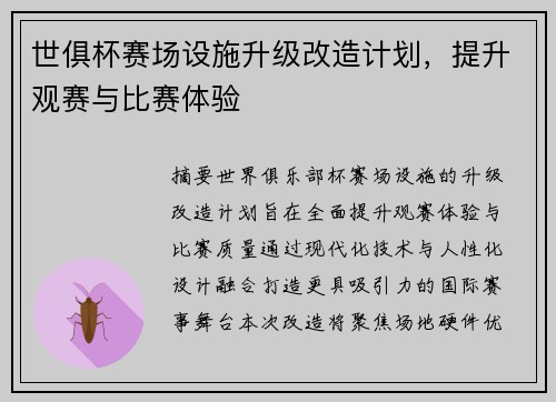 世俱杯赛场设施升级改造计划，提升观赛与比赛体验